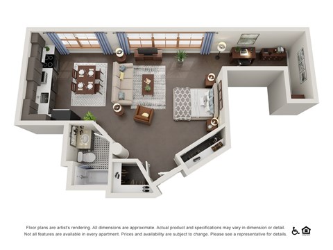 A 3D floor plan of a small apartment with a kitchen, living room, and bathroom.